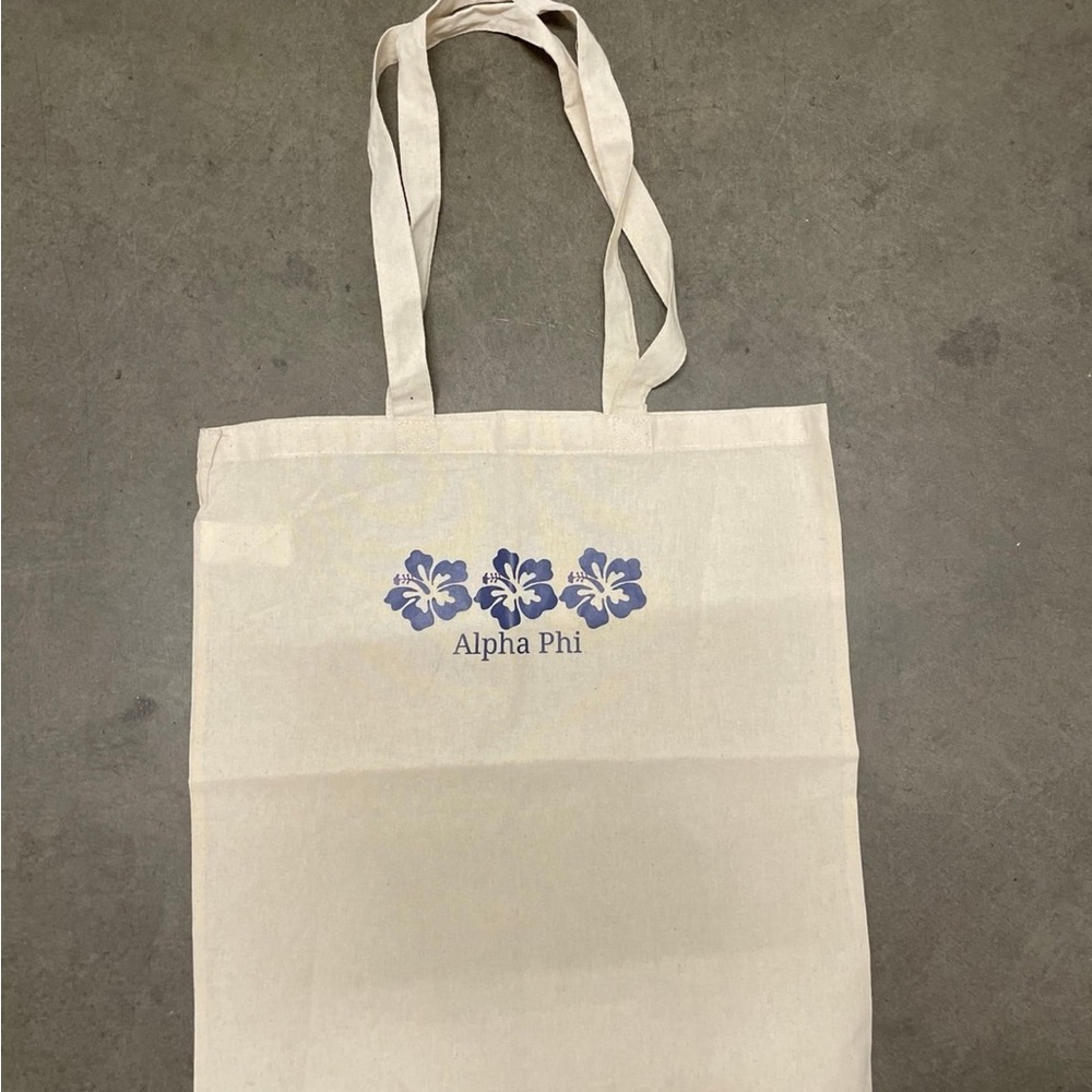 NWOT Alpha Phi Cream Tote Bag with Blue Floral Design